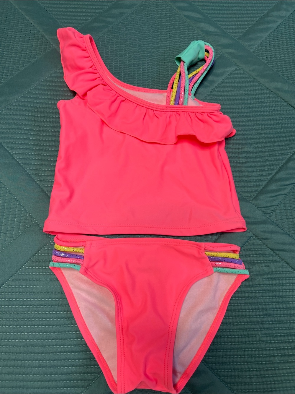 Girls Neon Pink Ruffle Tankini with Rainbow Strap Accents